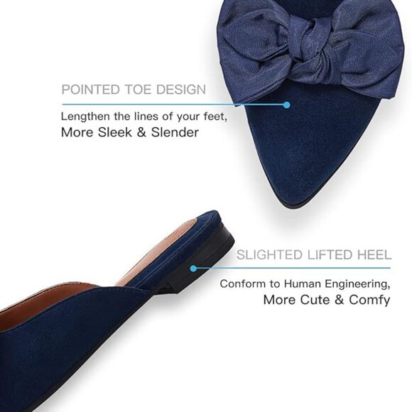 Navy Blue Bow Mule Flats Pointed Toe Size 7 - Picture 6 of 6